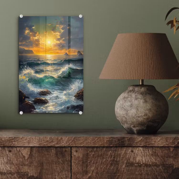 Glas schilderij - Zee - Zon - Golven - Rotsen — 4