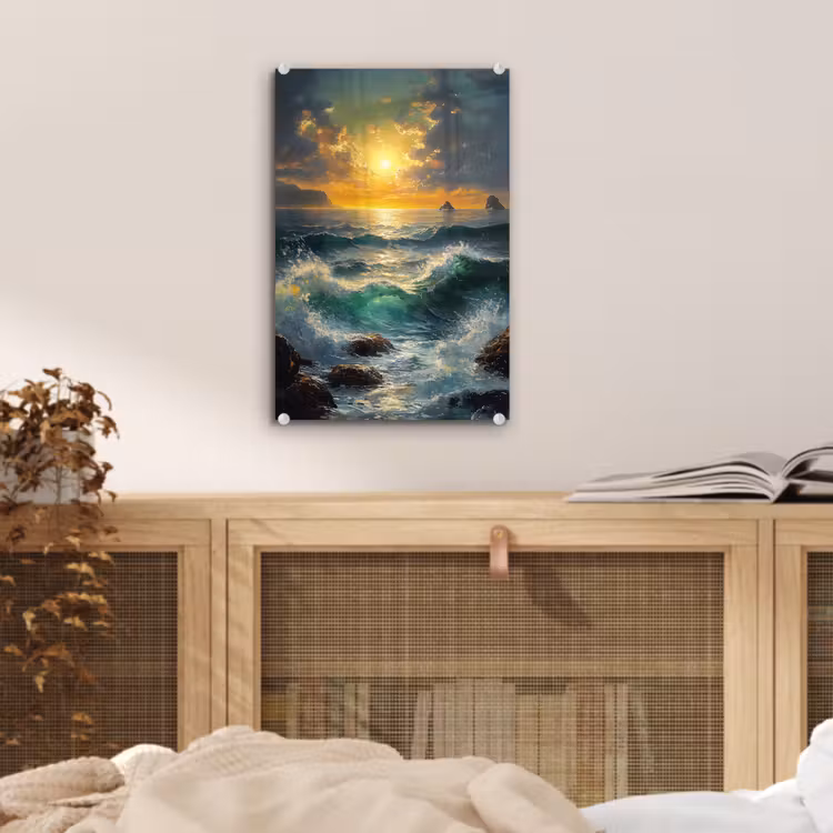 Glas schilderij - Zee - Zon - Golven - Rotsen — 5