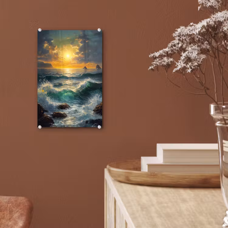 Glas schilderij - Zee - Zon - Golven - Rotsen — 6