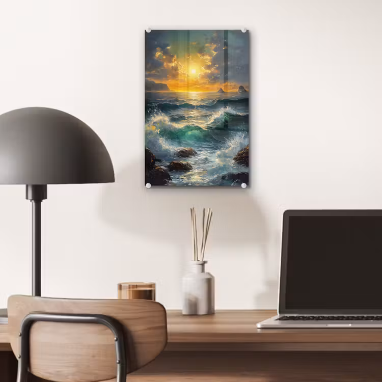 Glas schilderij - Zee - Zon - Golven - Rotsen — 7