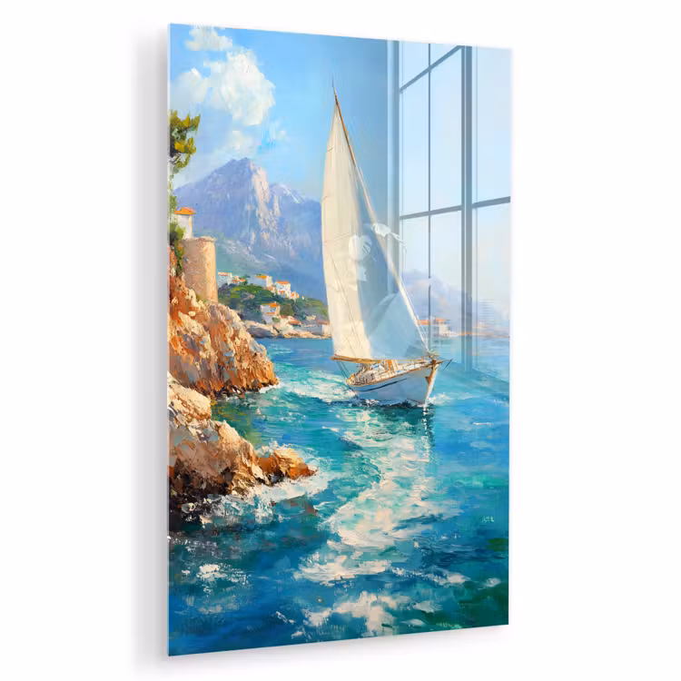 Glas schilderij - Zeilboot - Rotsen - Kust - Huizen — 1