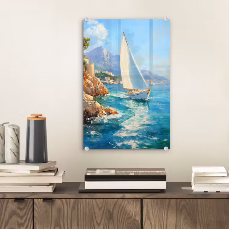 Glas schilderij - Zeilboot - Rotsen - Kust - Huizen — 2