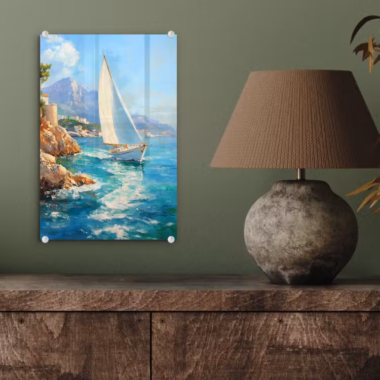 Glas schilderij - Zeilboot - Rotsen - Kust - Huizen — 4