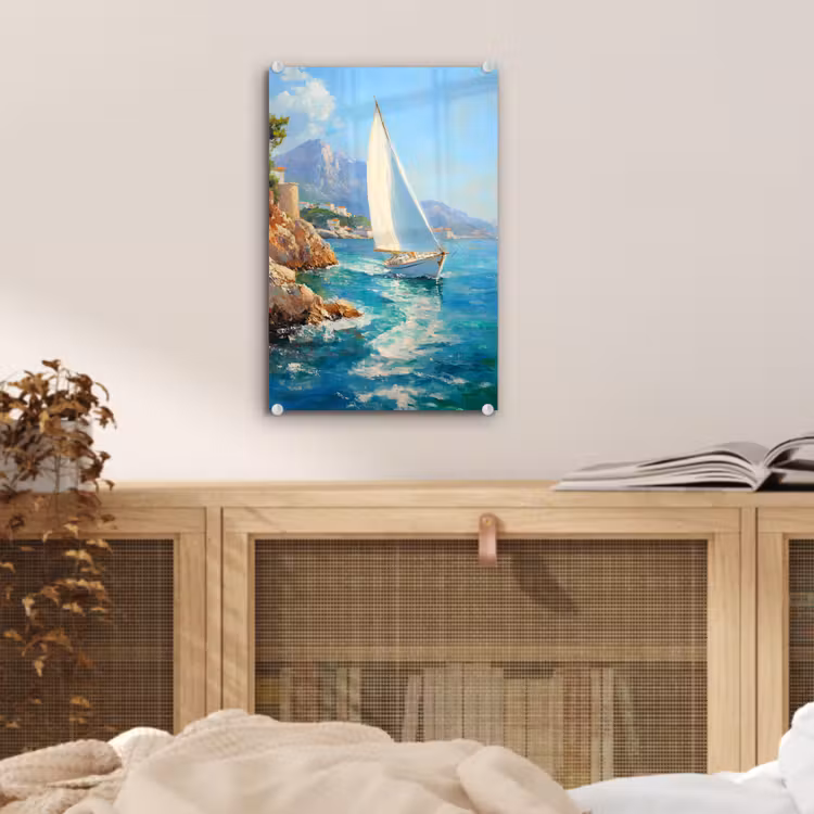 Glas schilderij - Zeilboot - Rotsen - Kust - Huizen — 5