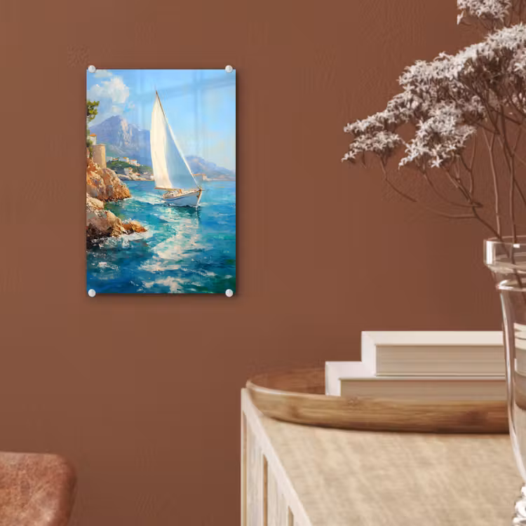 Glas schilderij - Zeilboot - Rotsen - Kust - Huizen — 6