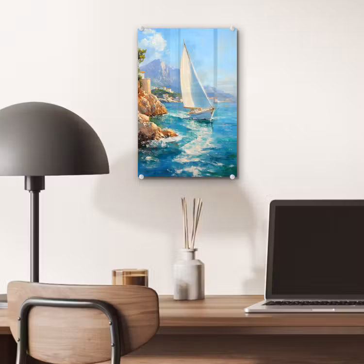 Glas schilderij - Zeilboot - Rotsen - Kust - Huizen — 7