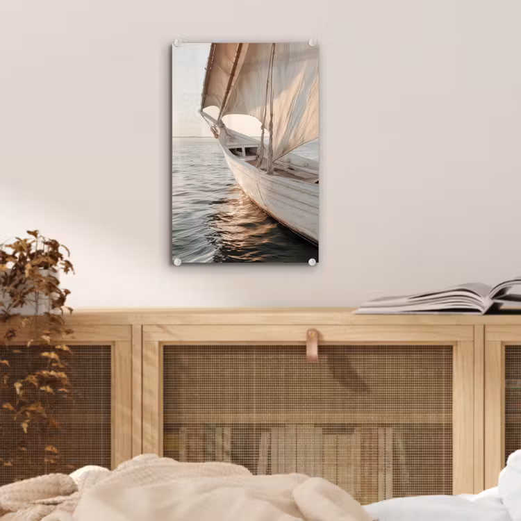 Glas schilderij - Zeilboot - Zee - Beige - Zon — 5