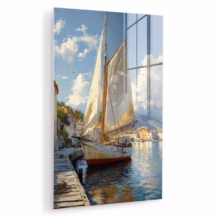 Glas schilderij - Zeilschip - Huizen - Kade - Zee — 1