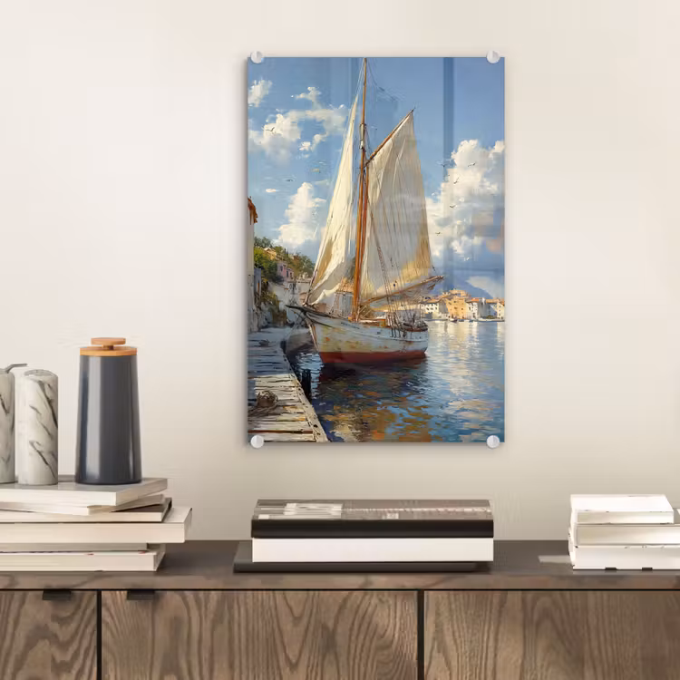 Glas schilderij - Zeilschip - Huizen - Kade - Zee — 2