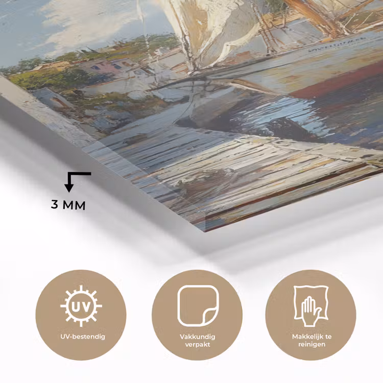 Glas schilderij - Zeilschip - Huizen - Kade - Zee — 3