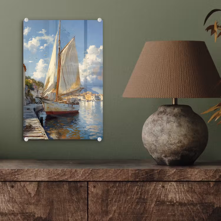 Glas schilderij - Zeilschip - Huizen - Kade - Zee — 4