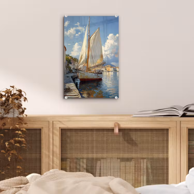 Glas schilderij - Zeilschip - Huizen - Kade - Zee — 5
