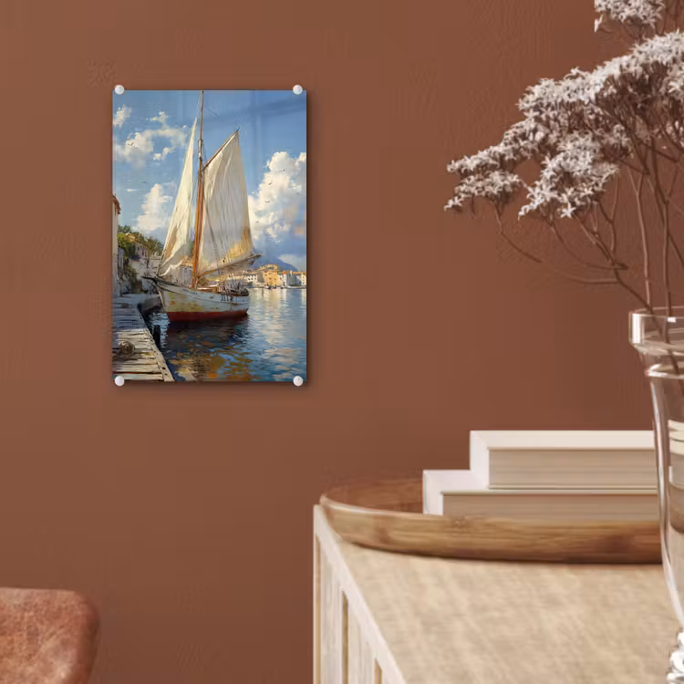 Glas schilderij - Zeilschip - Huizen - Kade - Zee — 6