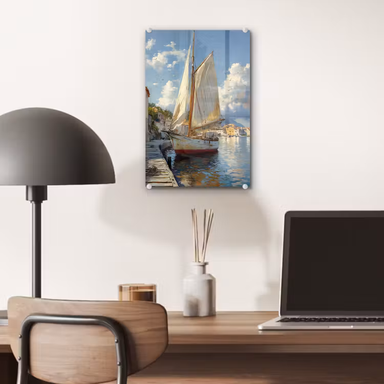 Glas schilderij - Zeilschip - Huizen - Kade - Zee — 7