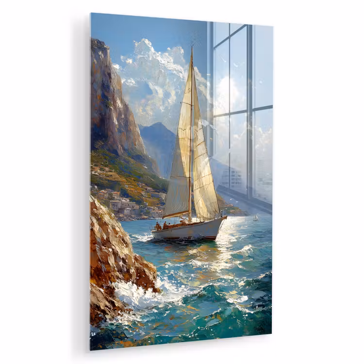 Glas schilderij - Zeilschip - Zee - Rotsen - Wolken — 1
