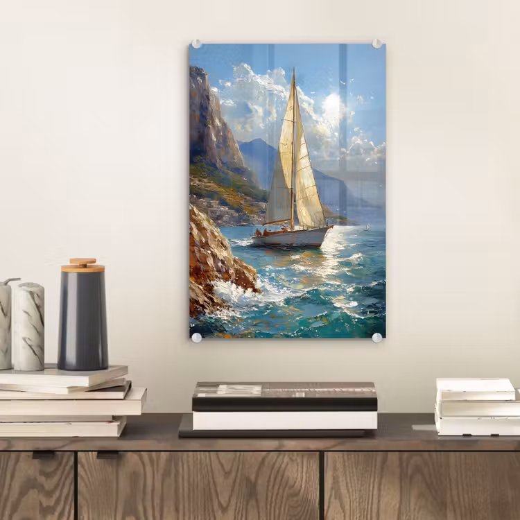 Glas schilderij - Zeilschip - Zee - Rotsen - Wolken — 2