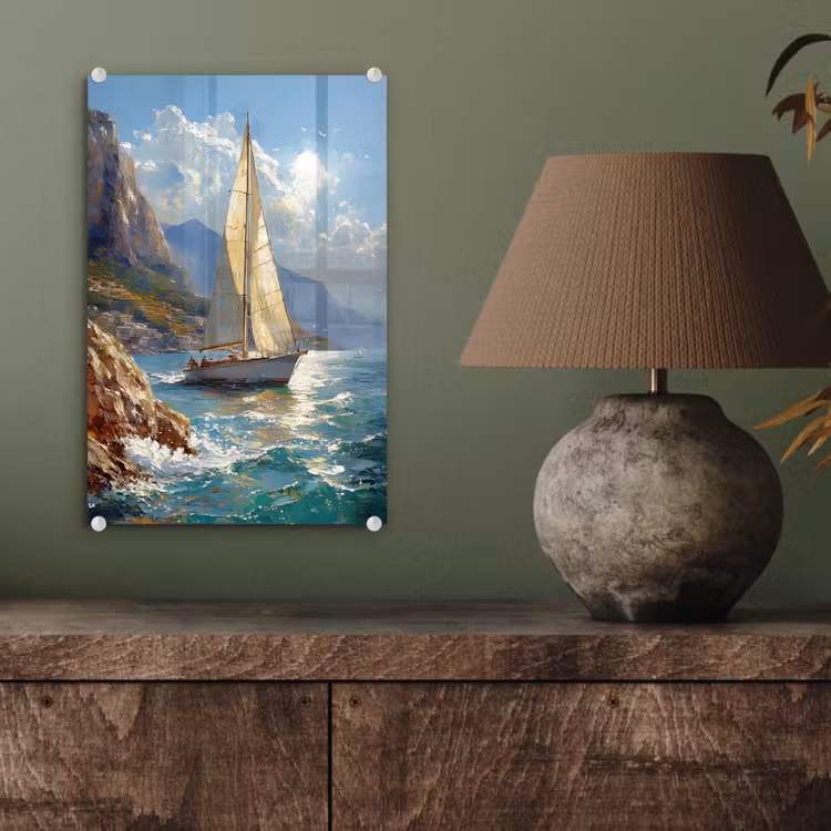 Glas schilderij - Zeilschip - Zee - Rotsen - Wolken — 4