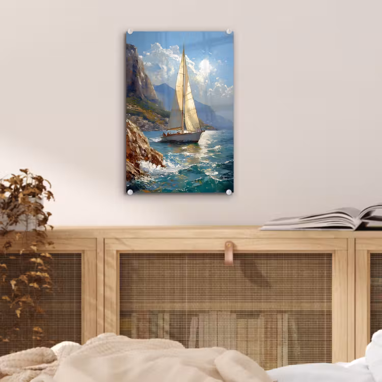Glas schilderij - Zeilschip - Zee - Rotsen - Wolken — 5