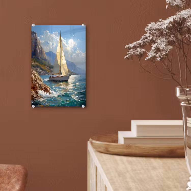 Glas schilderij - Zeilschip - Zee - Rotsen - Wolken — 6