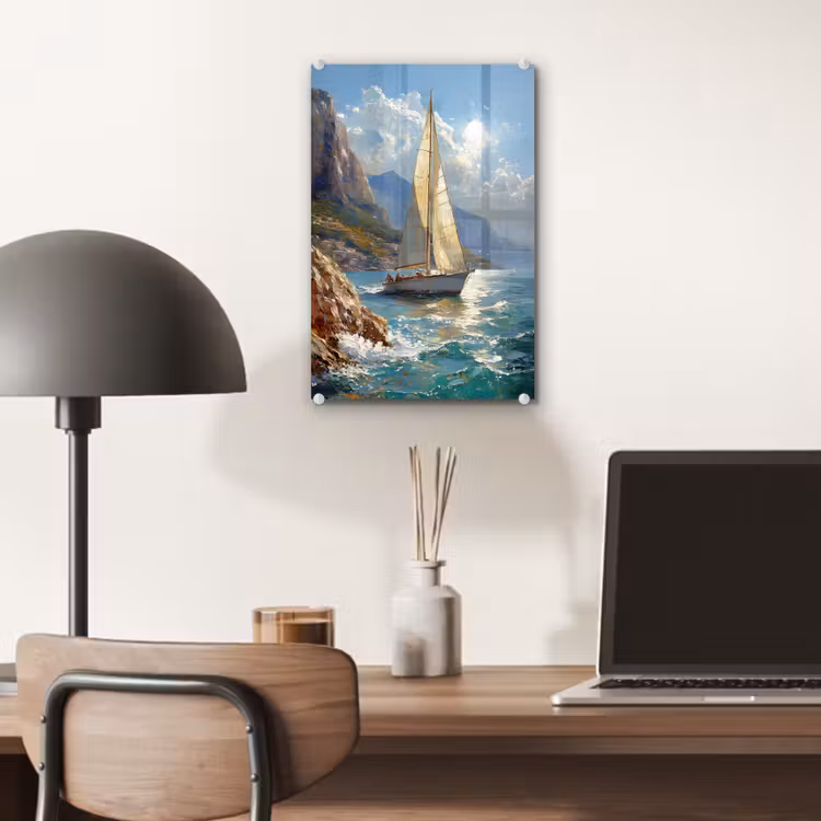 Glas schilderij - Zeilschip - Zee - Rotsen - Wolken — 7