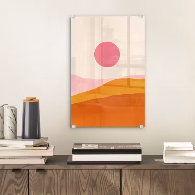Glas schilderij - Zon - Heuvels - Abstract - Roze — 2
