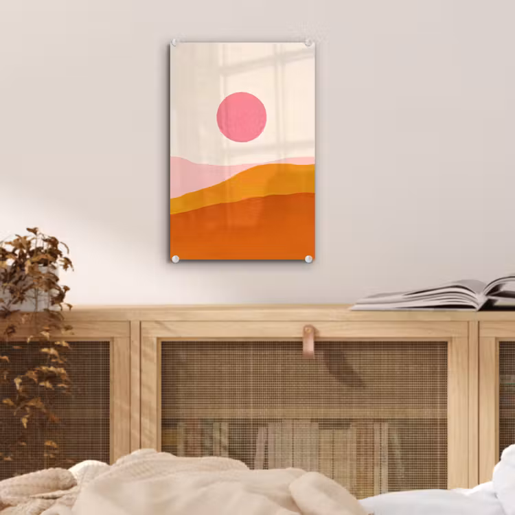 Glas schilderij - Zon - Heuvels - Abstract - Roze — 5