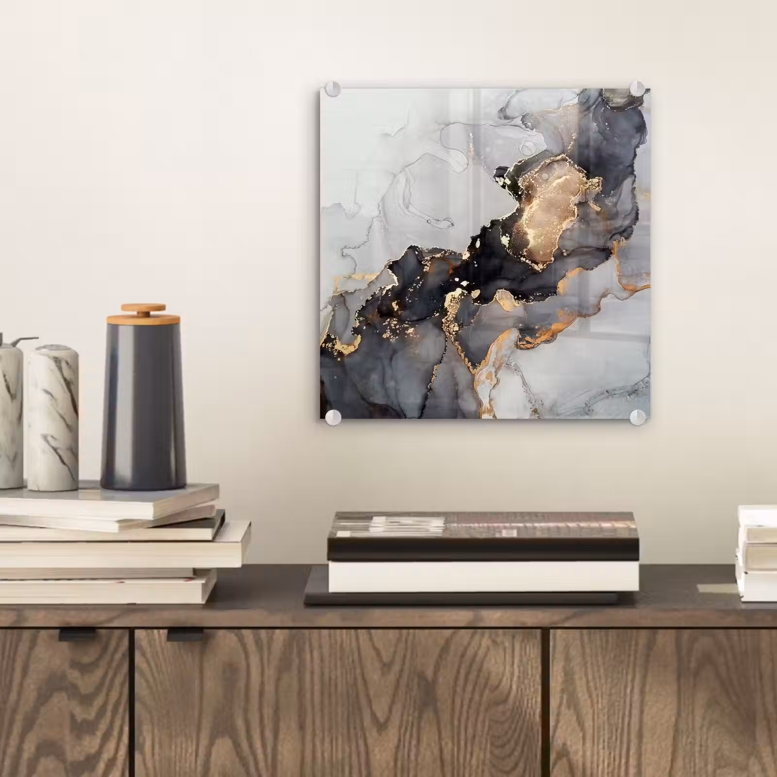 Glas schilderij - Zwart - Marmer - Luxe - Goud — 1