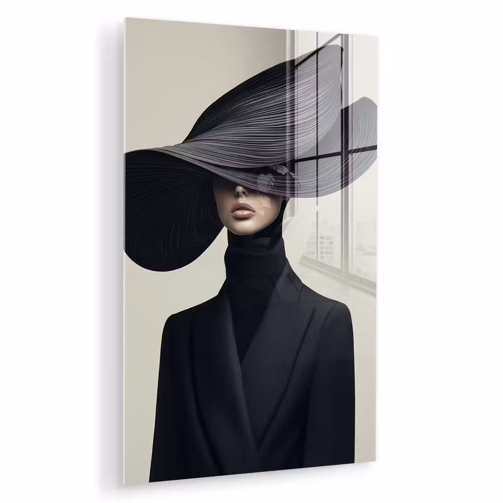Glas schilderij - Zwart - Vrouw - Hoed — 1