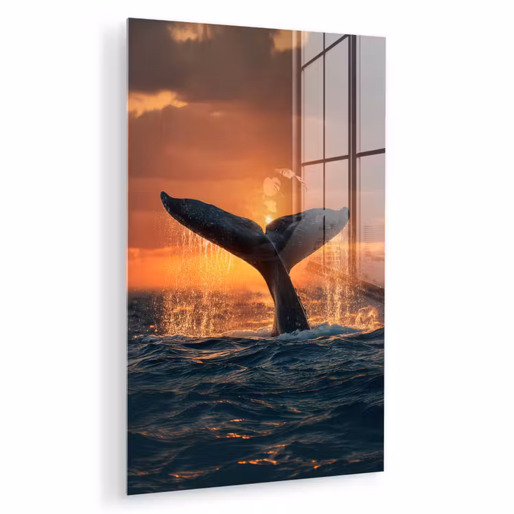 Glas schilderij - Walvis staart - Water - Zonsondergang — 1