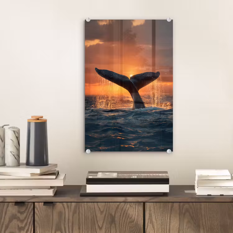 Glas schilderij - Walvis staart - Water - Zonsondergang — 2