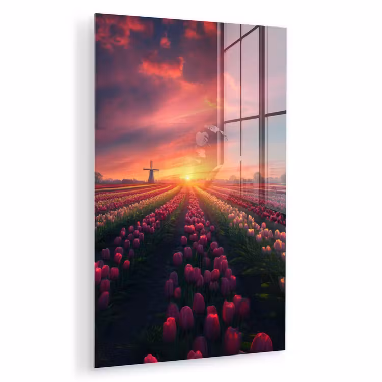 Glas schilderij - Windmolen - Zonsondergang - Landschap — 1