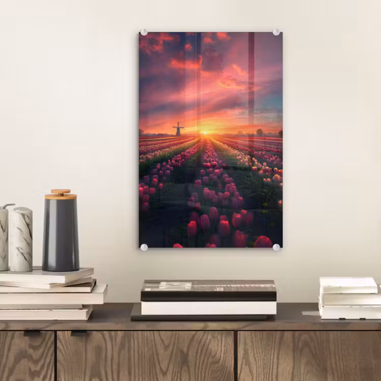 Glas schilderij - Windmolen - Zonsondergang - Landschap — 2