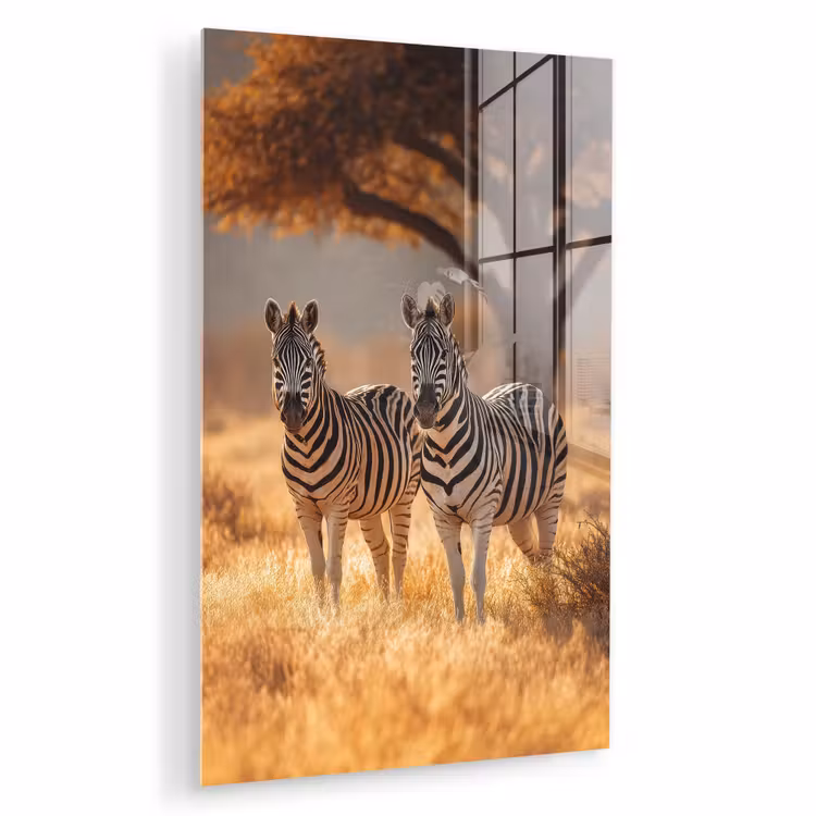 Glas schilderij - Zebra's - Savannelandschap - Gras — 1
