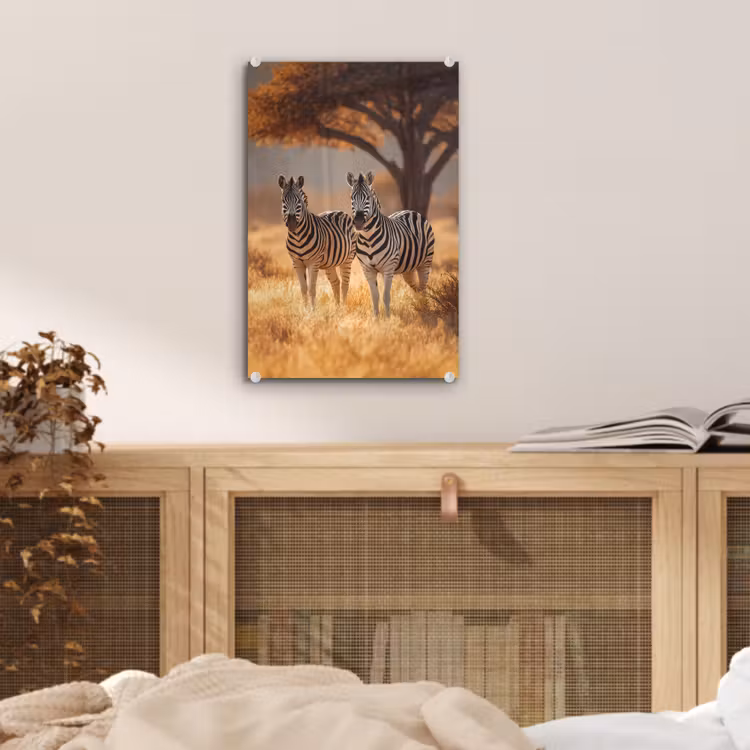 Glas schilderij - Zebra's - Savannelandschap - Gras — 5