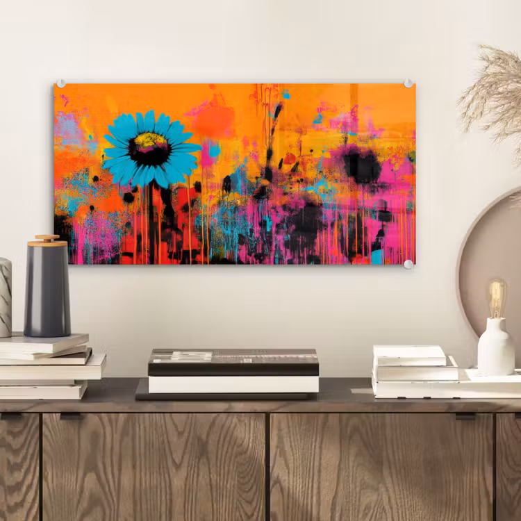 Glas schilderij - Zonnebloemen - Abstract - Oranje — 2