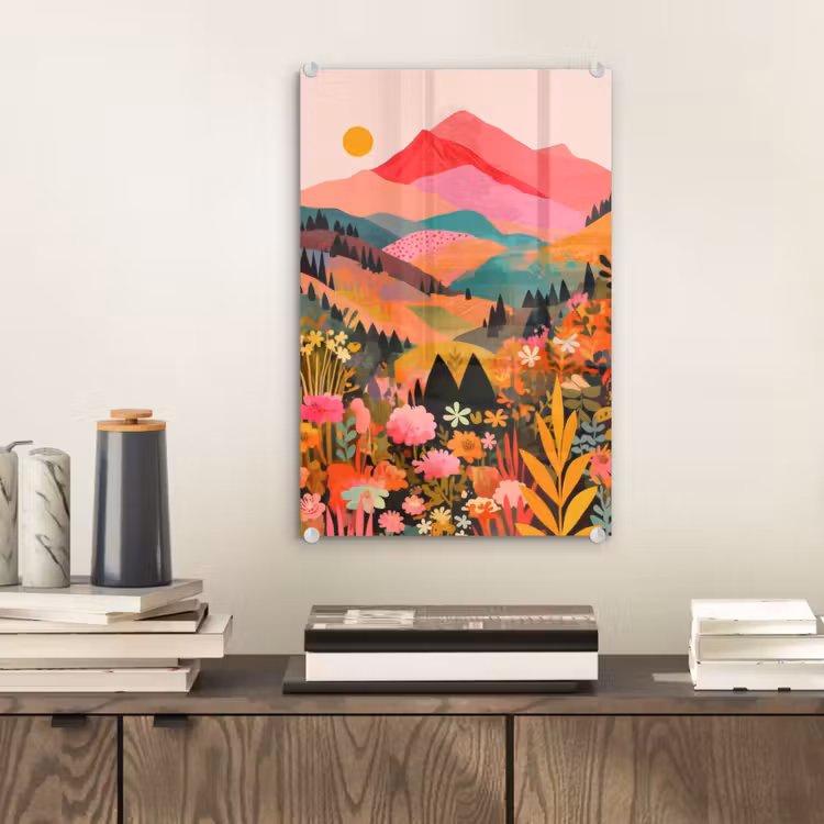 Glas schilderij - Zonsondergang - Bergvallei - Contrast — 2