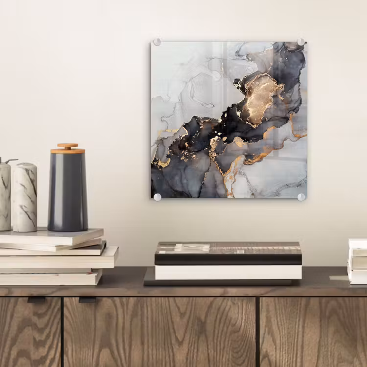 Glas schilderij - Zwart - Marmer - Luxe - Goud — 1