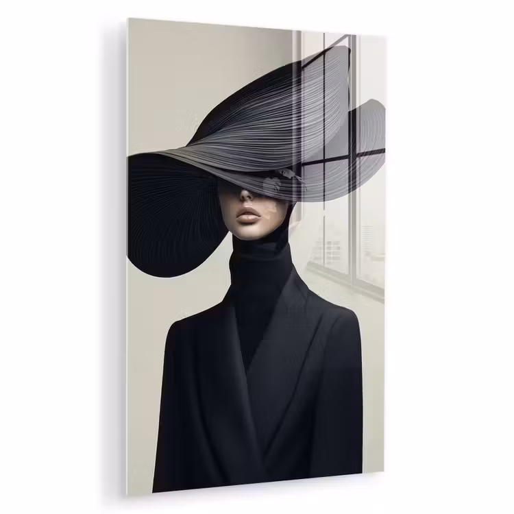 Glas schilderij - Zwart - Vrouw - Hoed — 1