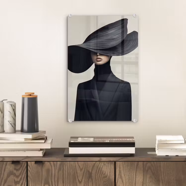 Glas schilderij - Zwart - Vrouw - Hoed — 2