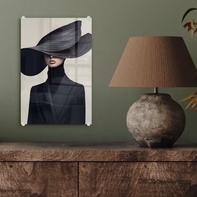 Glas schilderij - Zwart - Vrouw - Hoed — 4