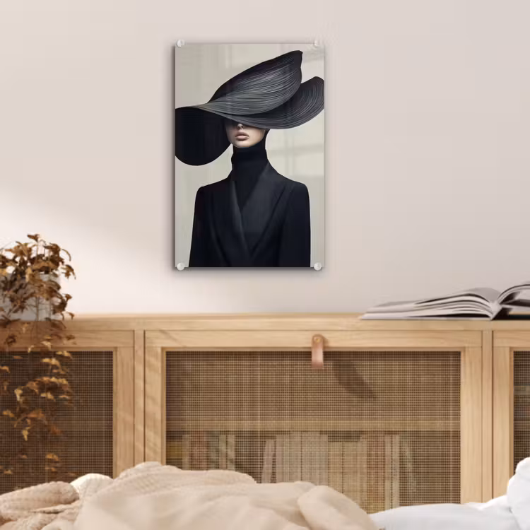 Glas schilderij - Zwart - Vrouw - Hoed — 5