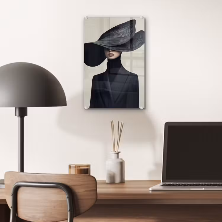 Glas schilderij - Zwart - Vrouw - Hoed — 7