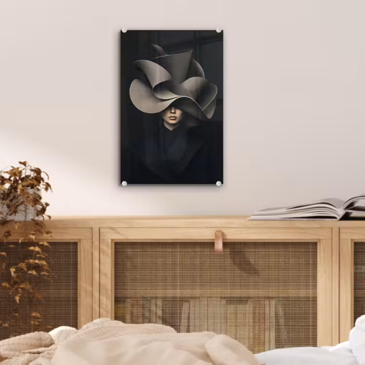 Glas schilderij - Zwarte - Hoed - Vrouw — 5