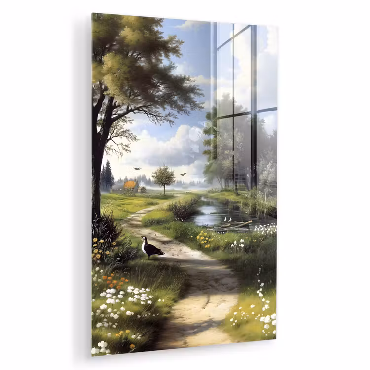 Glas schilderij - Zandpad - Groen landschap - Water — 1