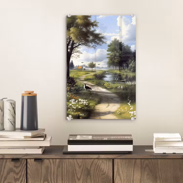 Glas schilderij - Zandpad - Groen landschap - Water — 2