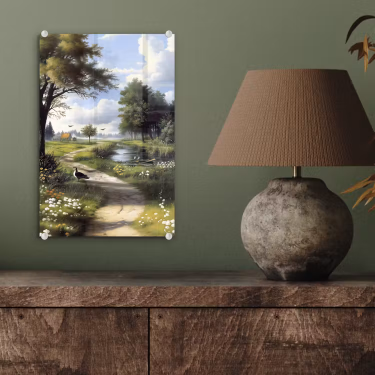Glas schilderij - Zandpad - Groen landschap - Water — 4