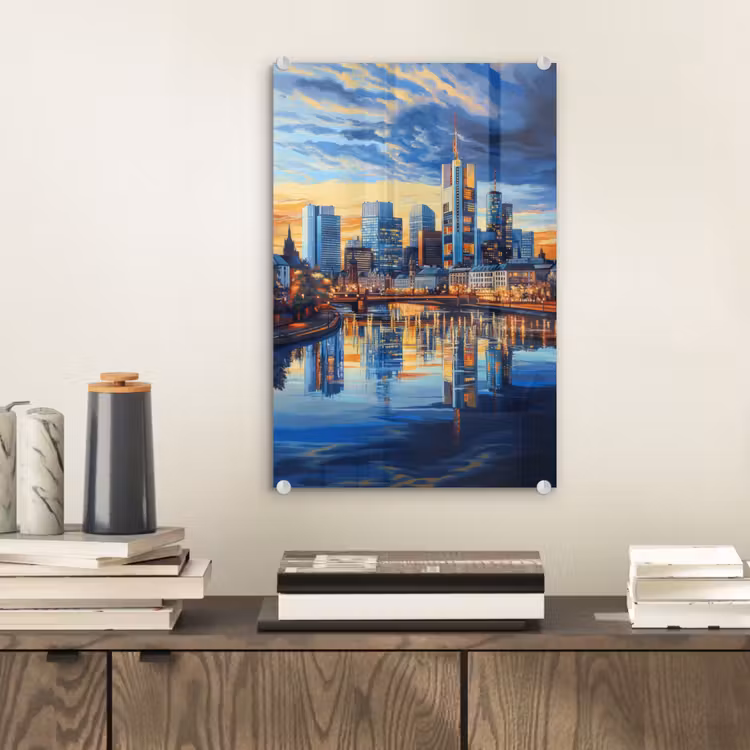 Glas schilderij - Zonsondergang Frankfurt - Stad - Skyline - Water — 2