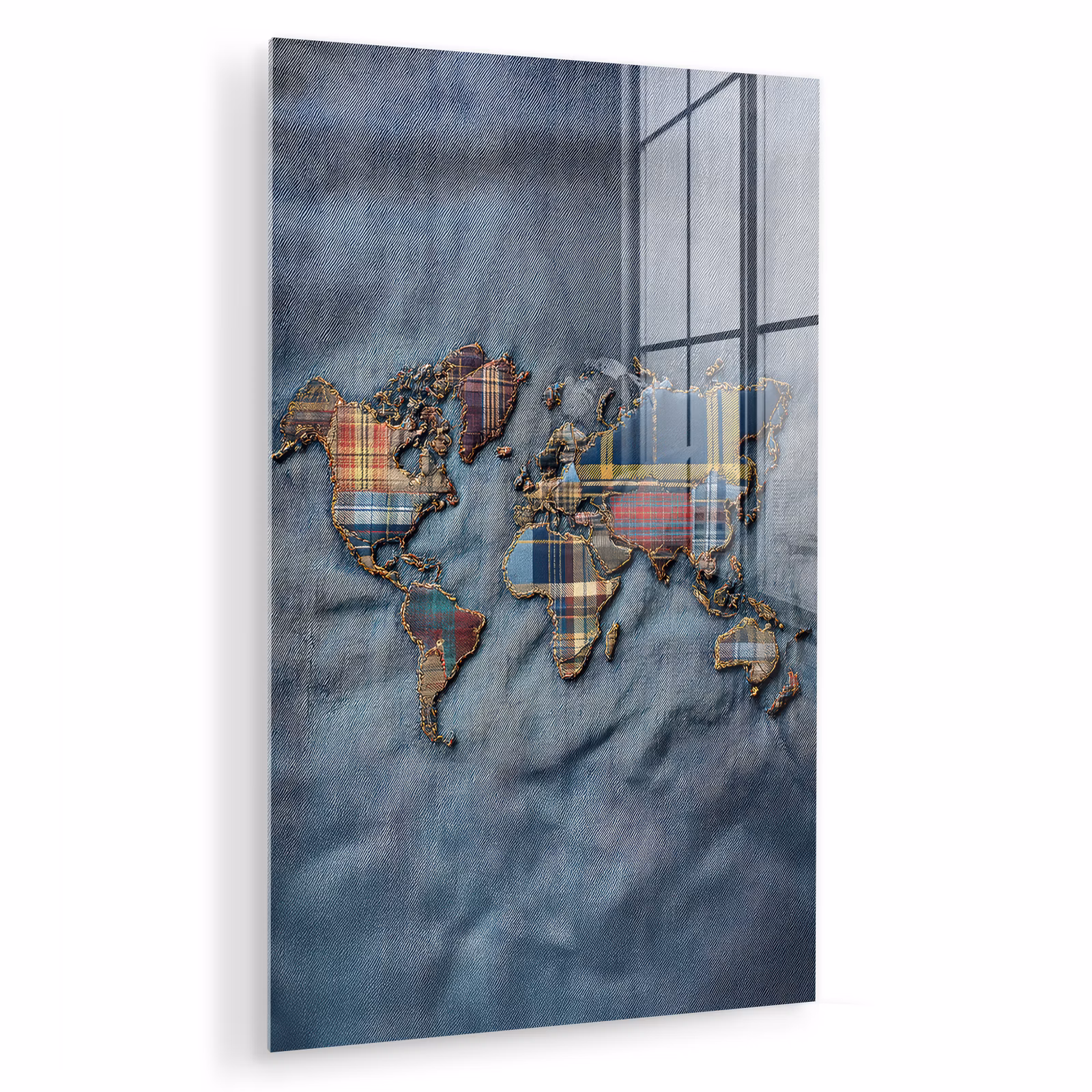 Glas schilderij - Wereldkaart - Denim - Textiel — 1