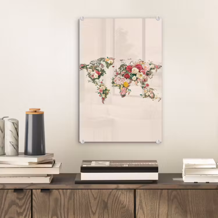 Glas schilderij - Wereldkaart - Bloemen - Roze — 2