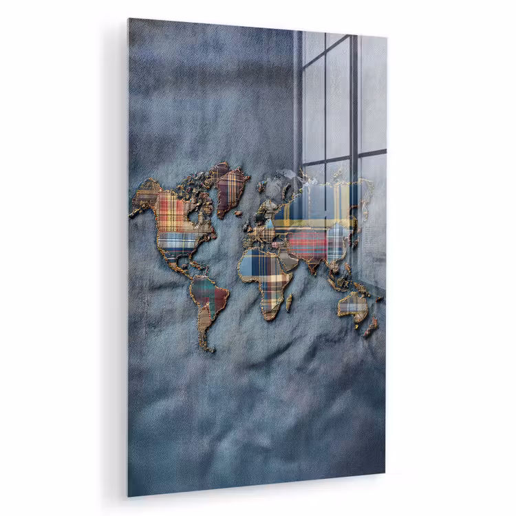 Glas schilderij - Wereldkaart - Denim - Textiel — 1
